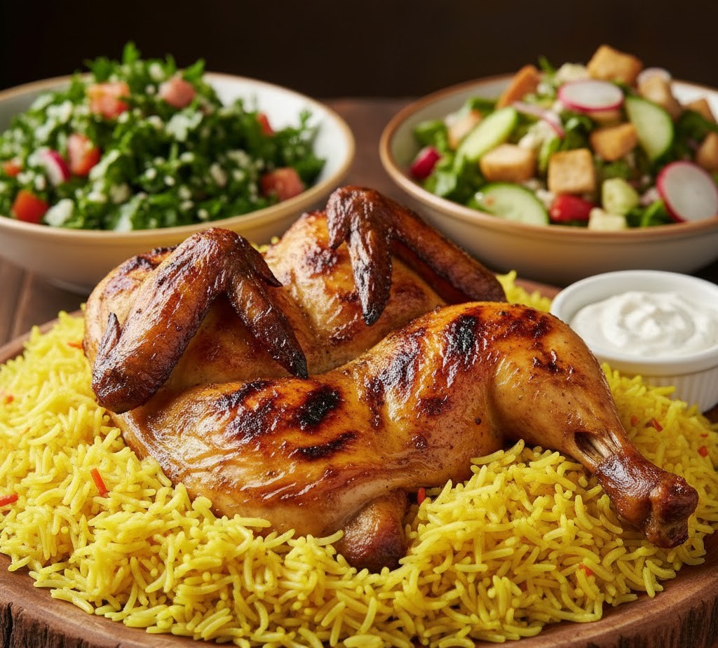 نصف دجاجة جريل/على الفحم مع أرز