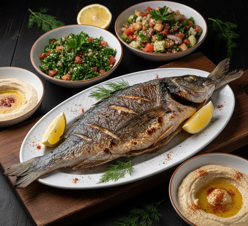 سمك دنيس مع سلطات